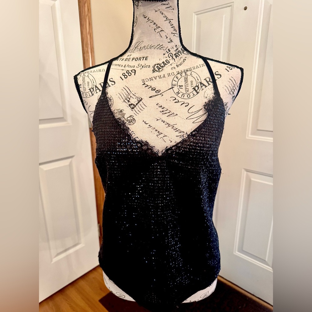 NWOT Express Black Sequin drape Backless lace detail Camisole Top size small